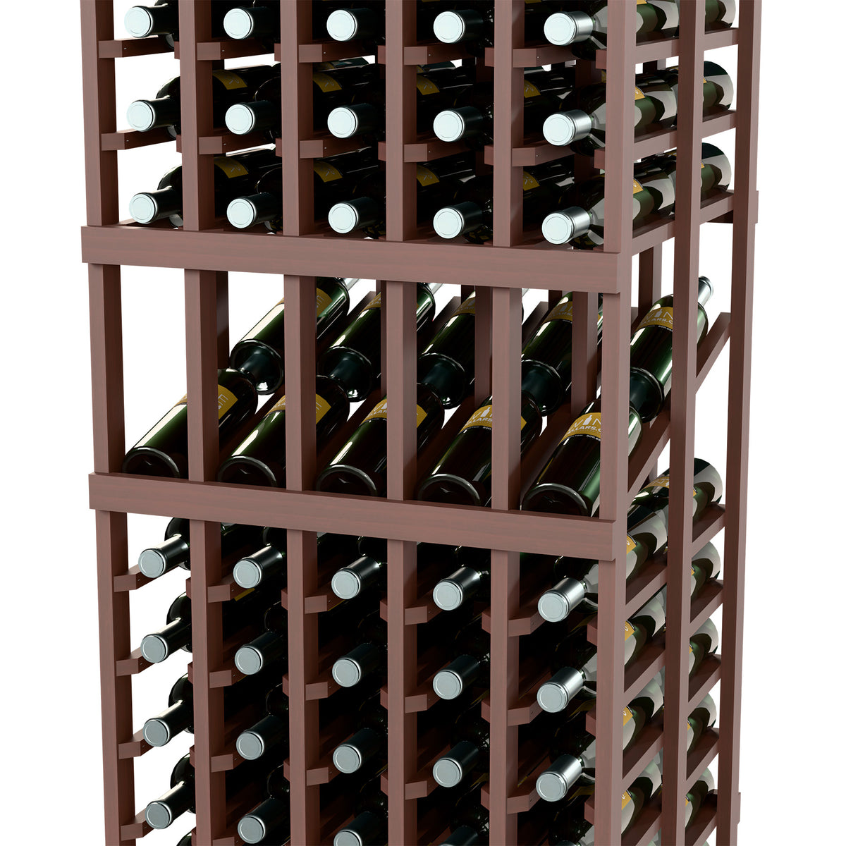 Wine display rack close-up with double-deep slots for bottles and wooden dividers