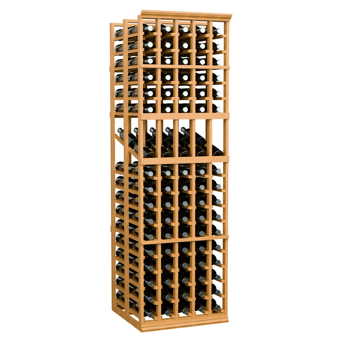 5-column double-deep wine display rack with light wood frame and bottle slots