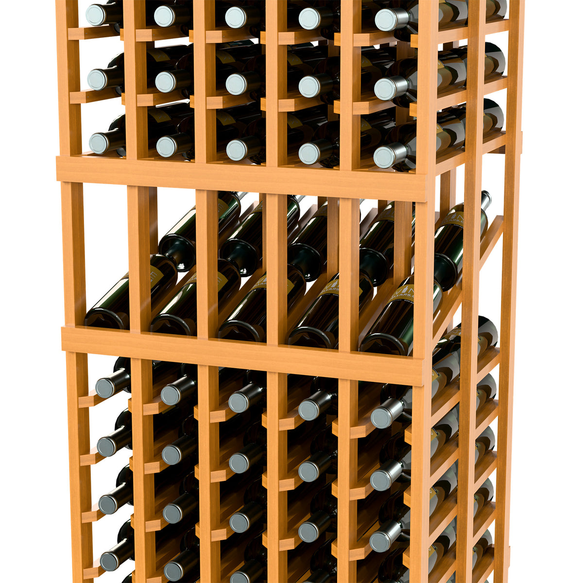 Wine rack close-up with light wood grid and stacked bottle holders