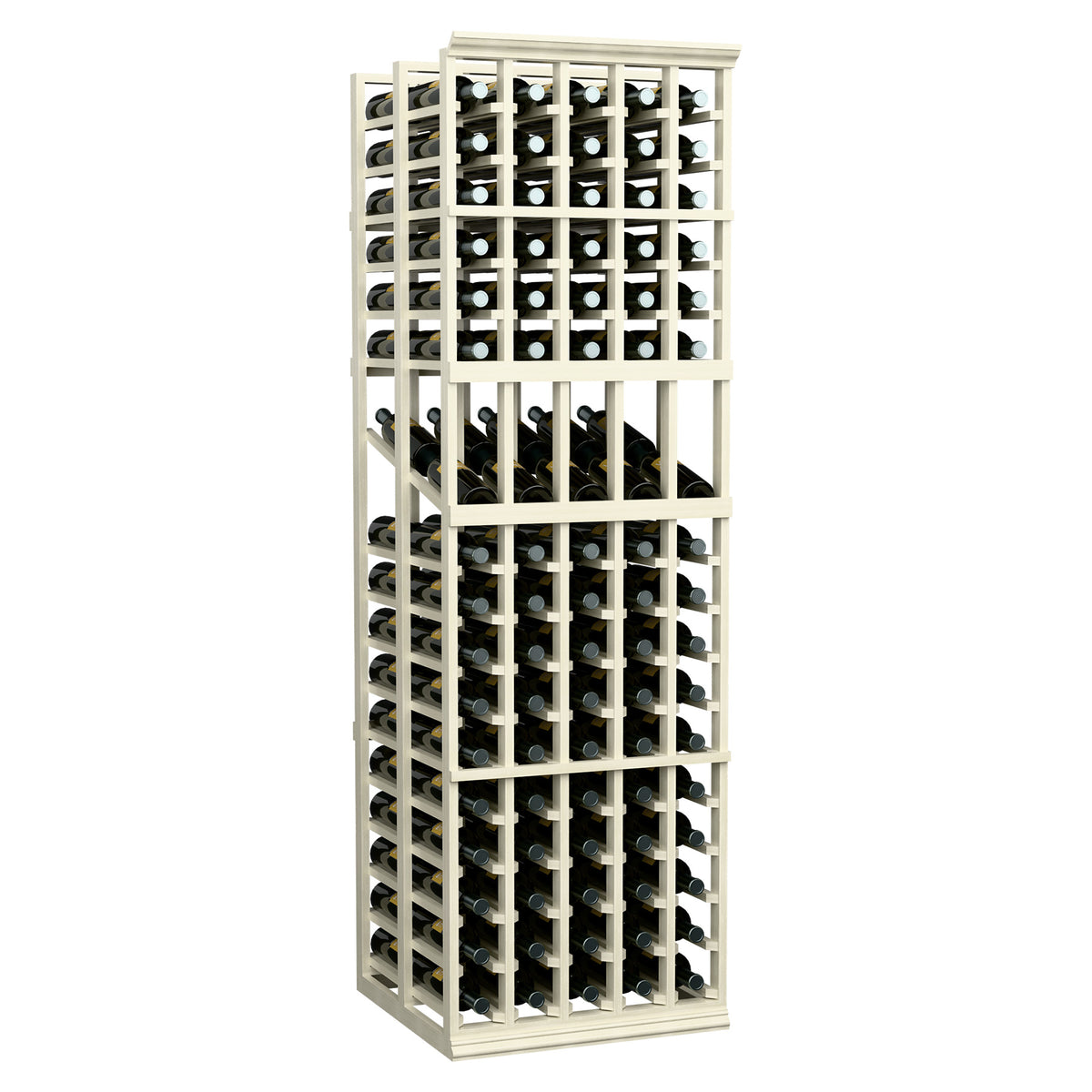 Tall wine display rack with white-painted frame and multiple bottle rows