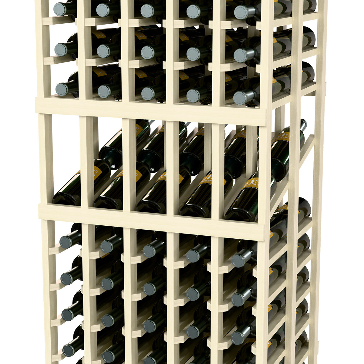 Wine rack close-up with white frame grid and stacked bottle holders