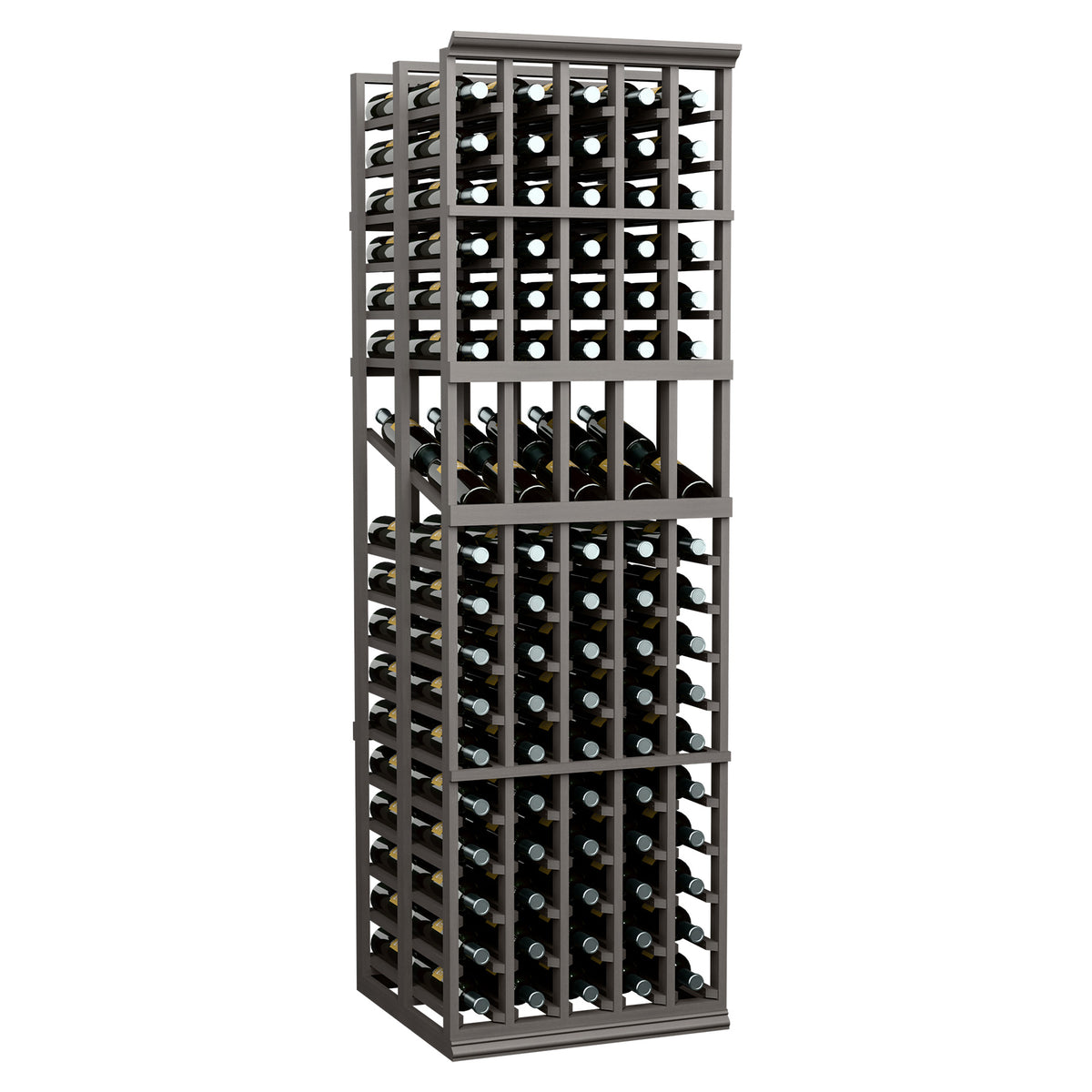 5-column double-deep wine display rack with glass bottles, dark frame