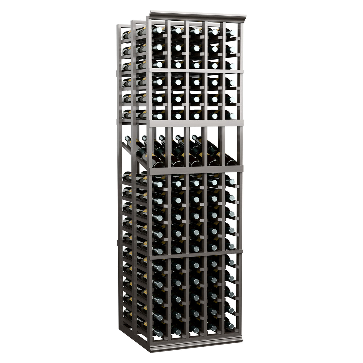 5-column double-deep wine display rack with glass bottles, dark frame view