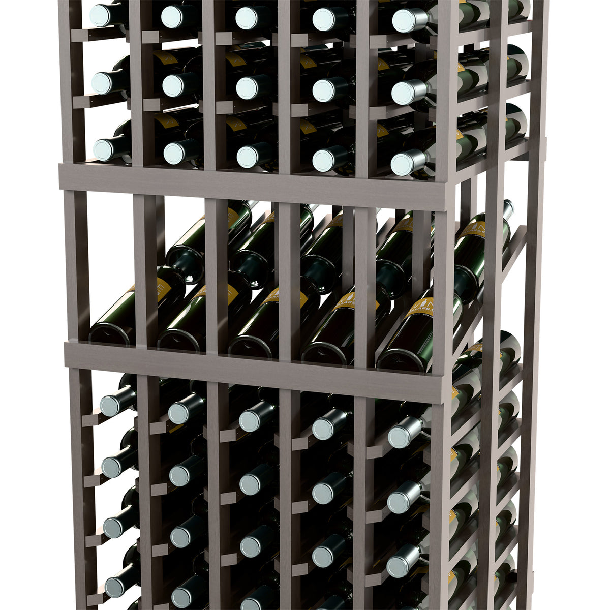 Double-deep wine rack close-up with green bottles, dark frame and grid shelves