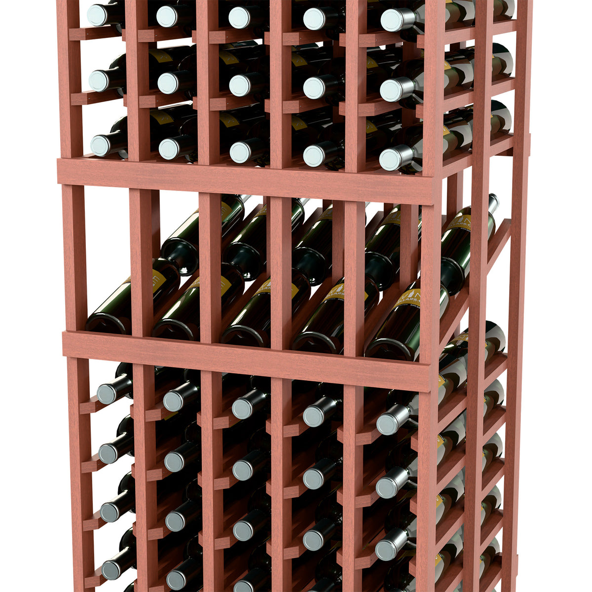 Double-deep wine rack close-up with green bottles and silver caps, red frame