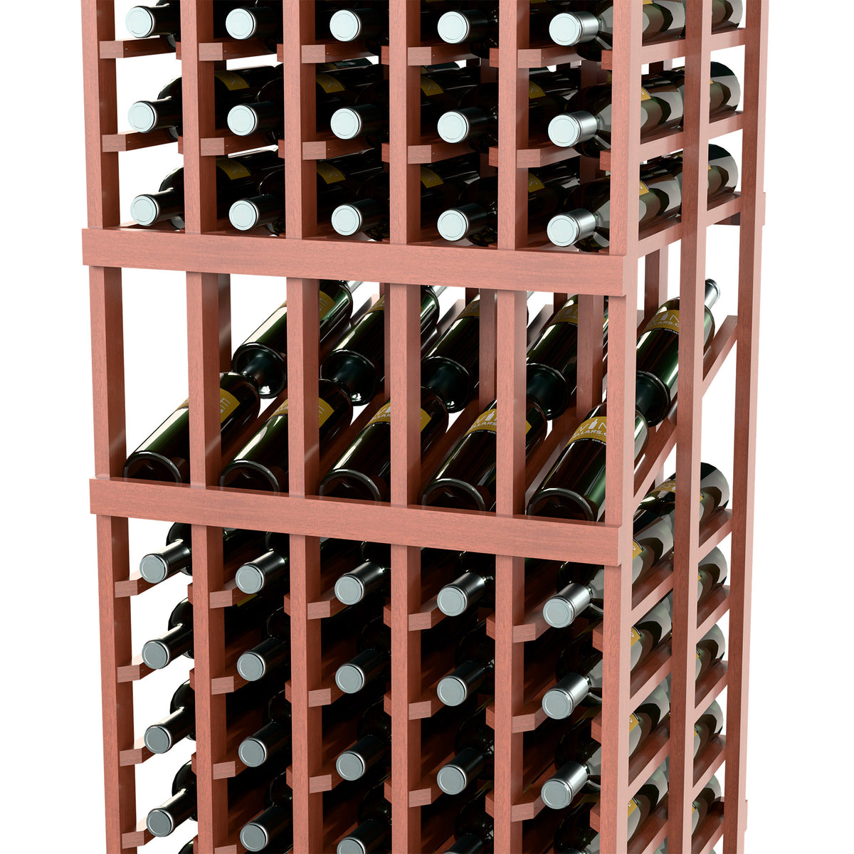 Double-deep wine rack close-up with green bottles, reddish frame and bottle rows