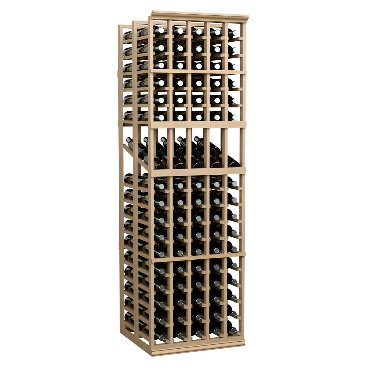 5-column double-deep wine display rack with glass bottles, light tan frame