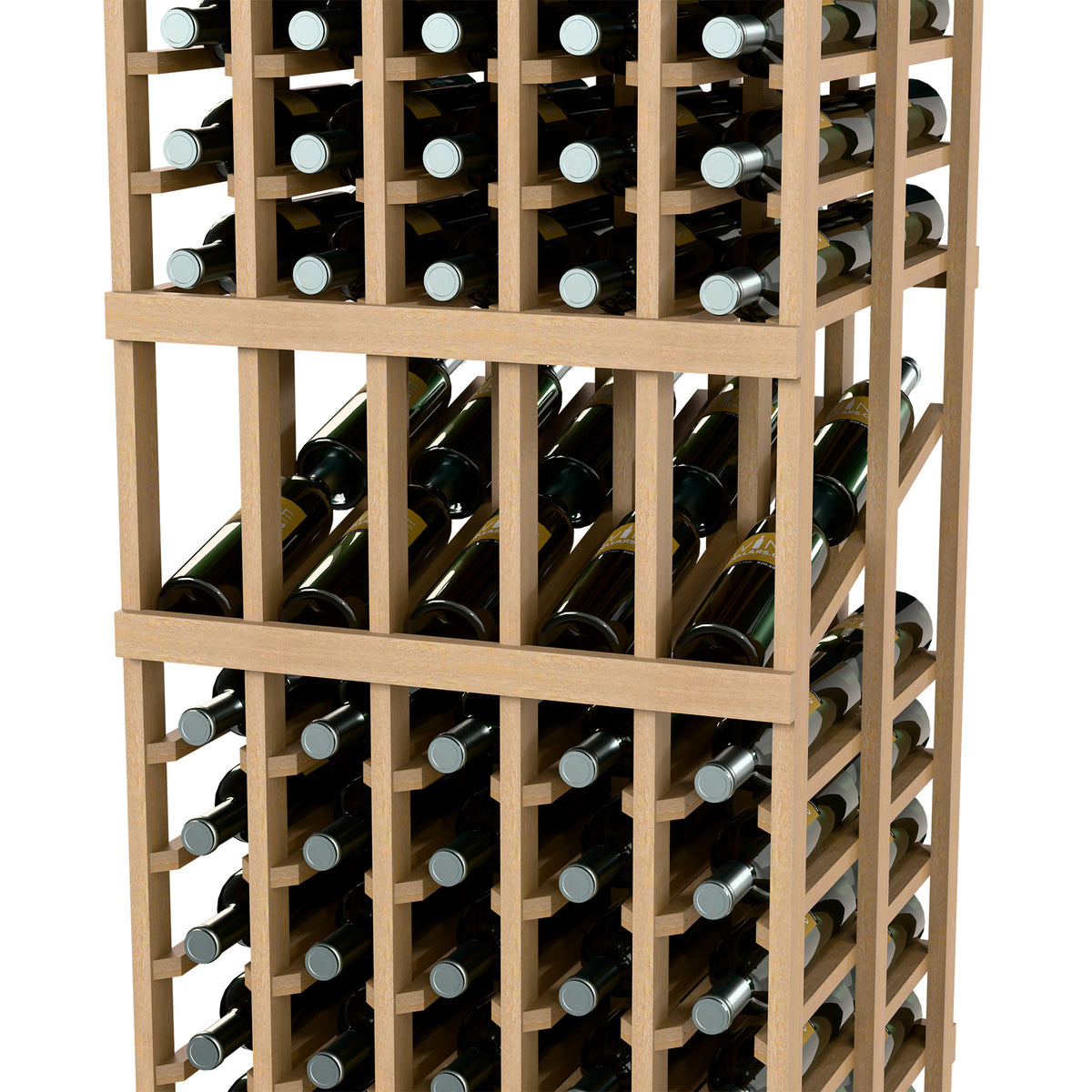 Double-deep wine rack close-up with green bottles and silver caps, light tan frame