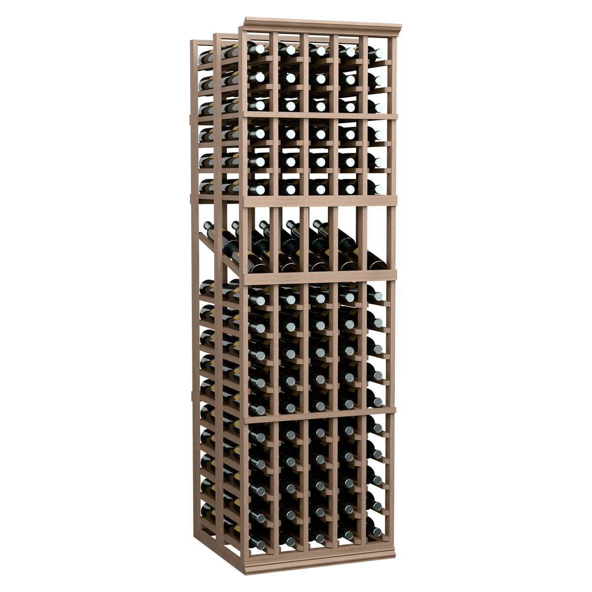 Tall wine display rack with 5 columns, light wood frame, front view with bottle slots.