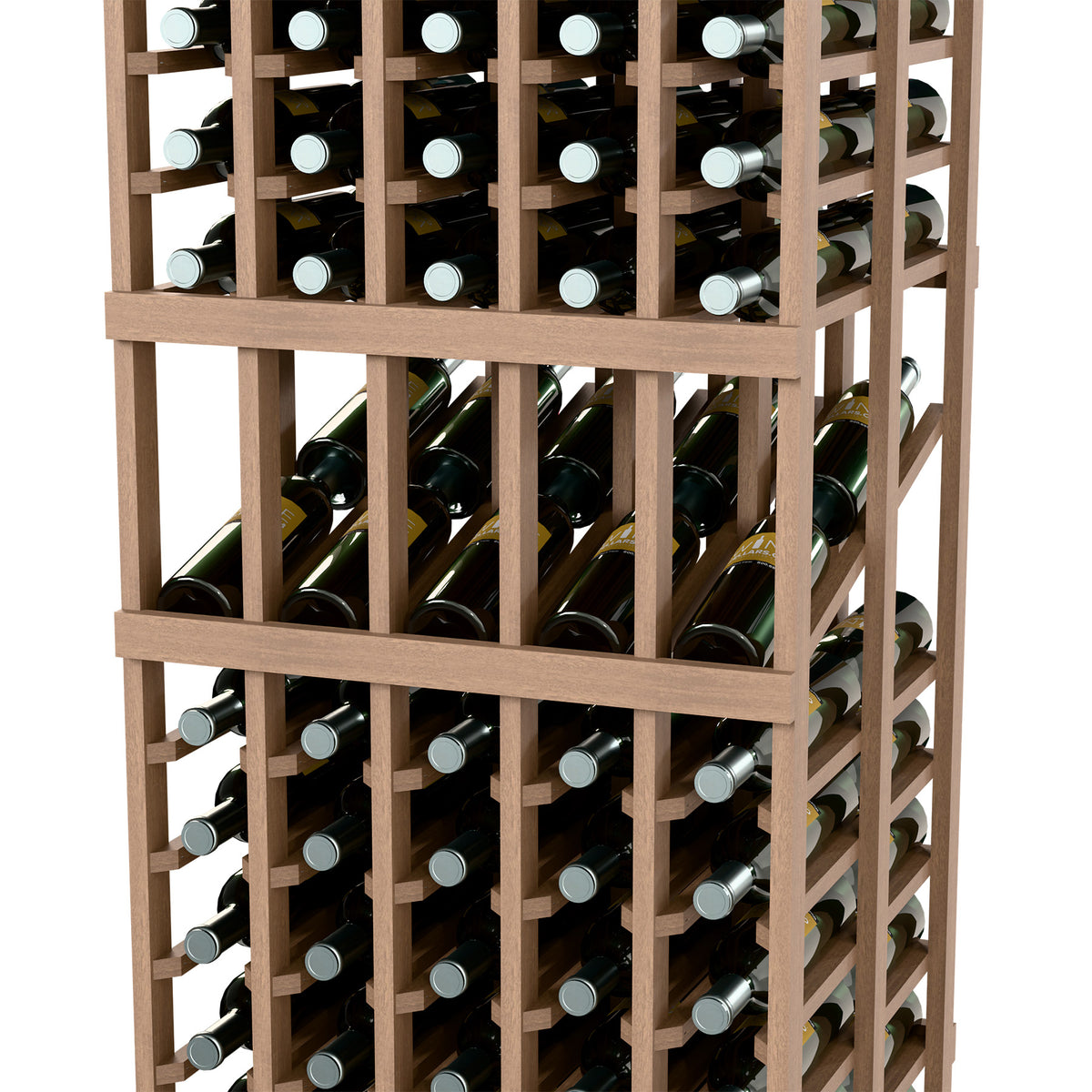 Close-up of wine bottle slots in a light wood rack with crossbars and bottle necks.