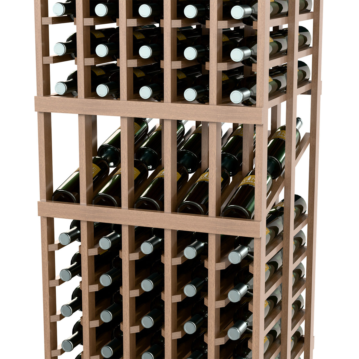 Wine bottle rack with 5 columns in a light wood grid, bottle necks and labels visible.