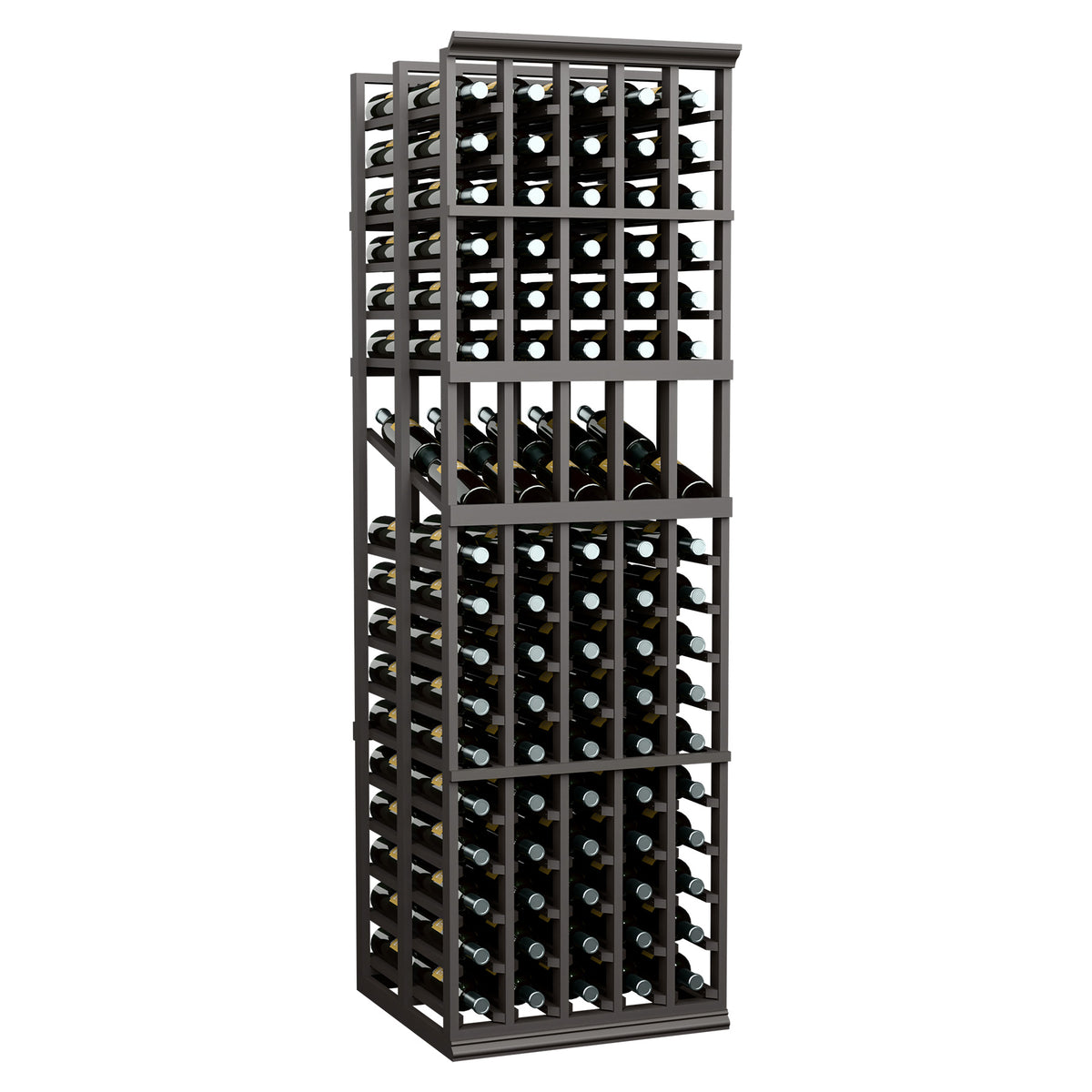 Wine display rack with 5 columns, dark wood frame, front view with wine bottle slots.