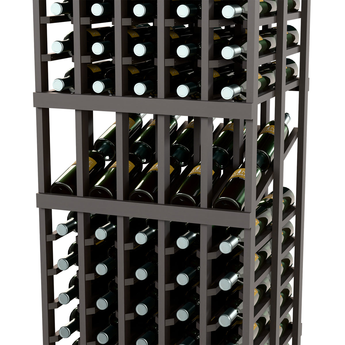 Close-up of wine bottles in a dark wood grid rack with round white caps.