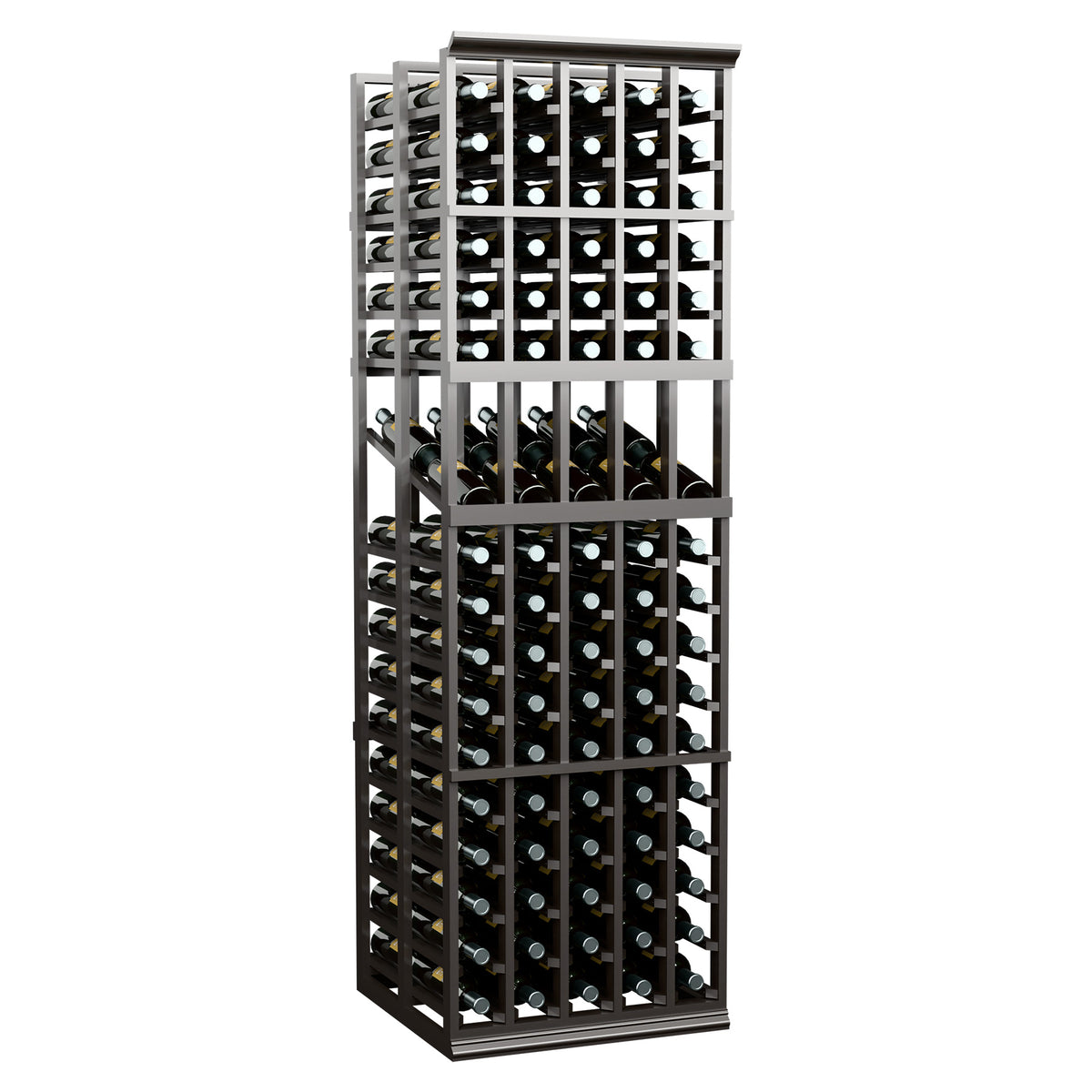 Tall wine storage display rack with 5 columns, dark wood frame, full height view.