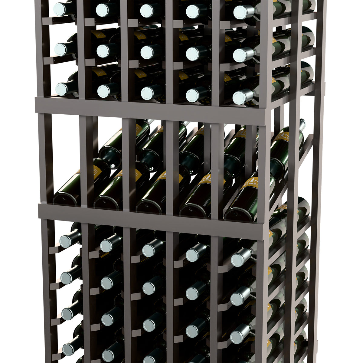 Wine bottle rack interior in a dark wood frame, rows of bottles with labels visible.