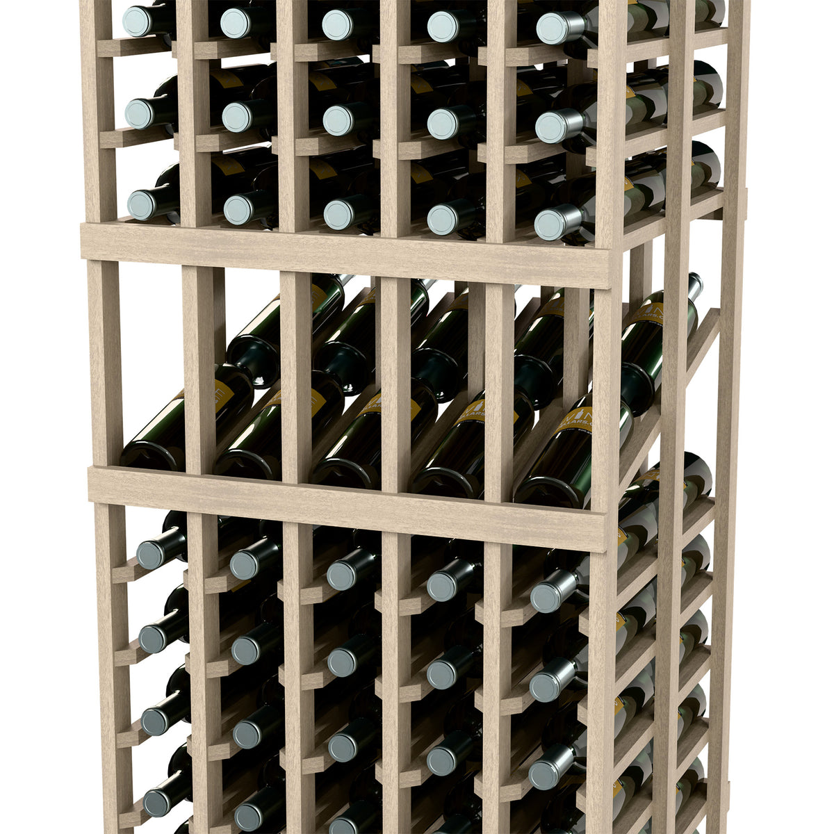 Wine bottle rack close-up with 5 columns, double-deep; gray frame, bottle rows visible