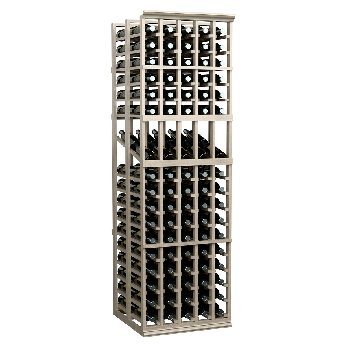 Wine bottle display rack with 5 columns, double-deep; gray wood frame, bottles inside