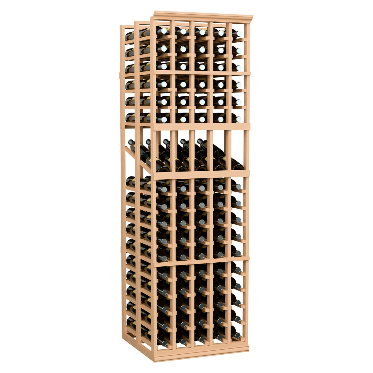 Wine bottle display rack with 5 columns, double-deep; light wood frame, bottles stored