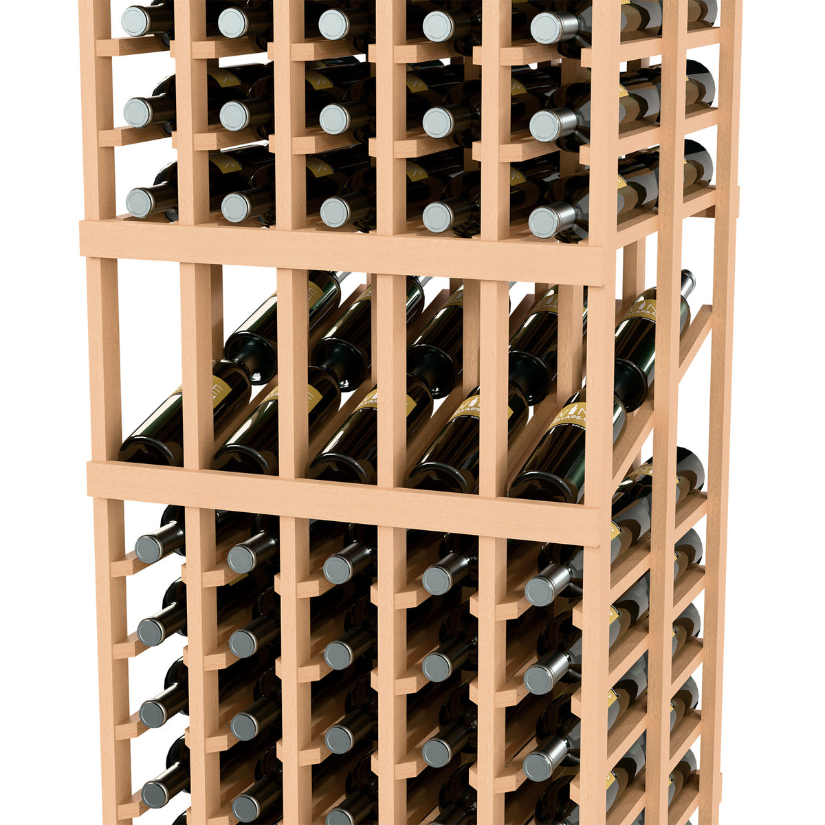 Wine bottle rack close-up with 5 columns, double-deep; light wood frame, bottle rows
