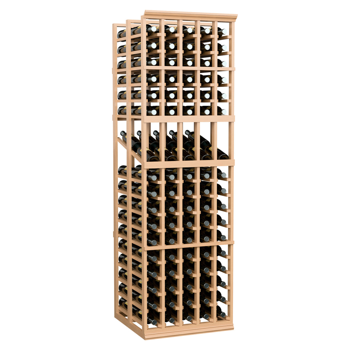 Wine bottle display rack with 5 columns, double-deep; light wood frame, bottles inside