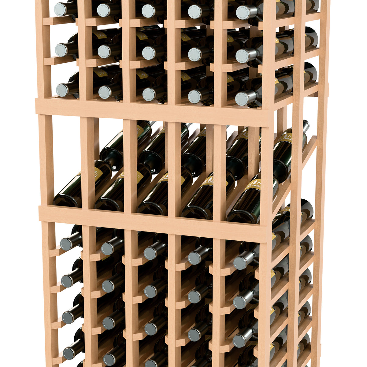 Wine bottle rack close-up with 5 columns, double-deep; light wood frame, bottle rows