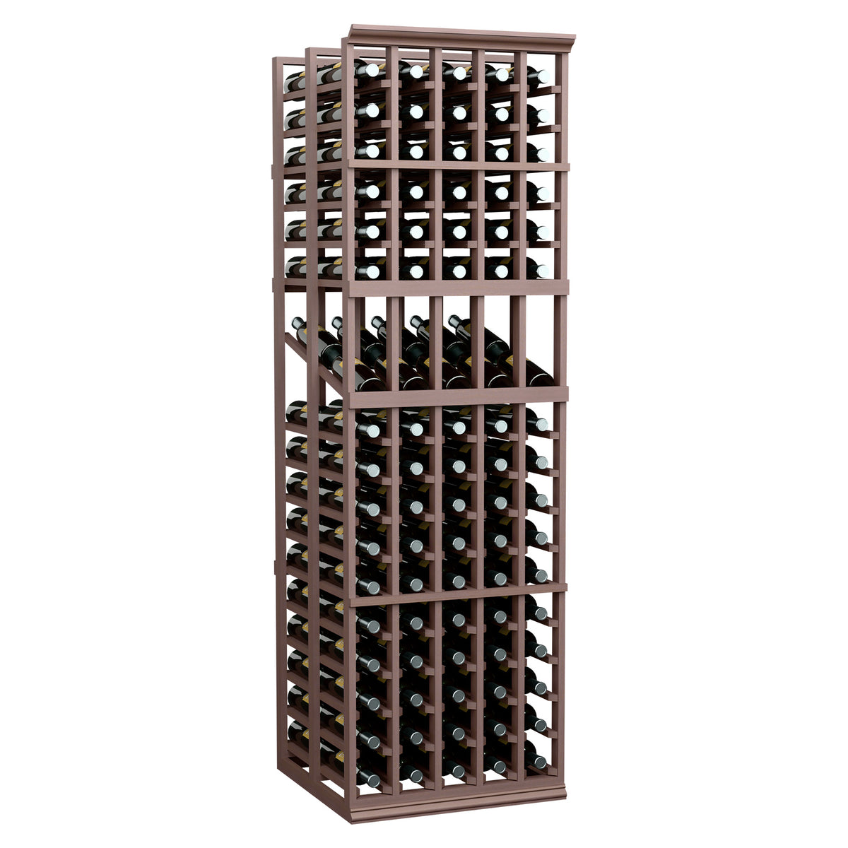 Wine bottle display rack with 5 columns, double-deep; dark wood frame, bottles stored