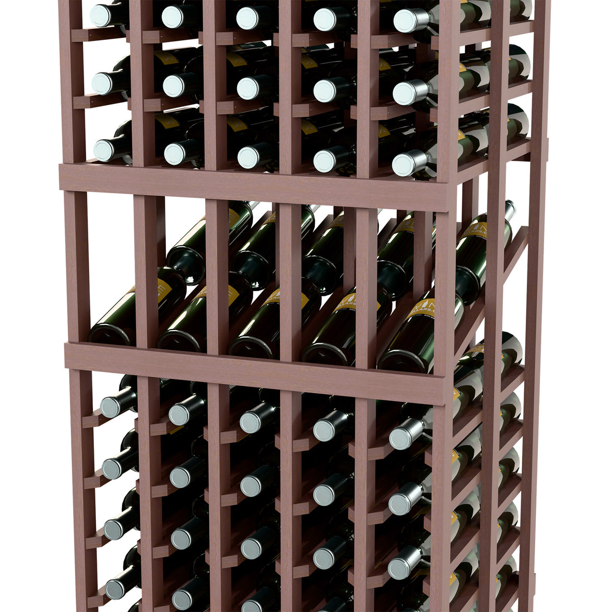 Wine bottle rack close-up with 5 columns, double-deep; dark wood frame, bottle rows