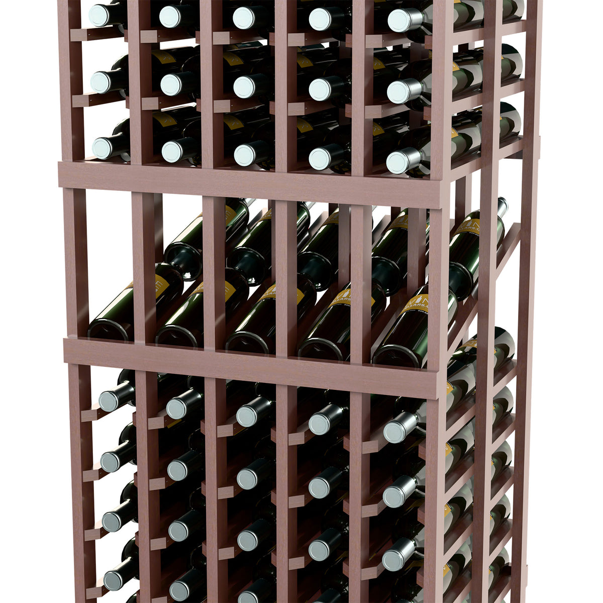 Dark wood wine rack frame with bottle holders and multiple rows of bottles
