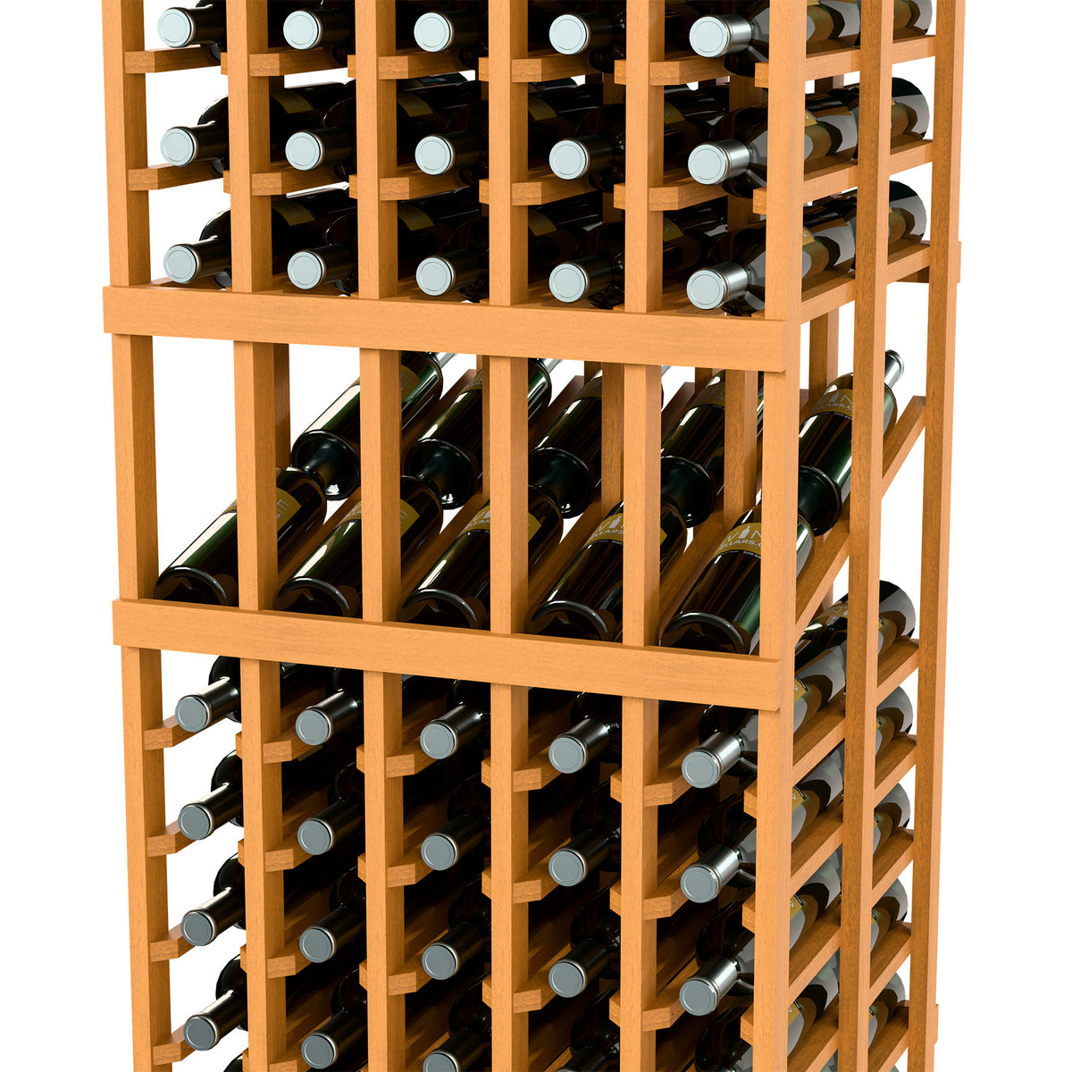 Light wood wine rack showing front bottle rows and side cubby openings