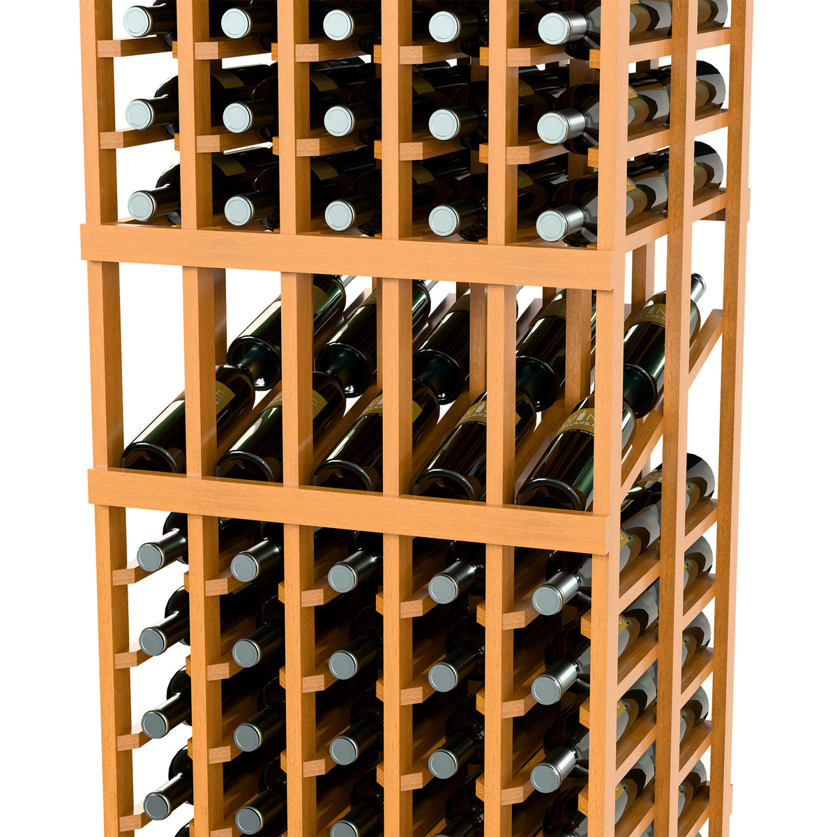 Light wood wine rack close-up with bottle holders supporting rows of bottles