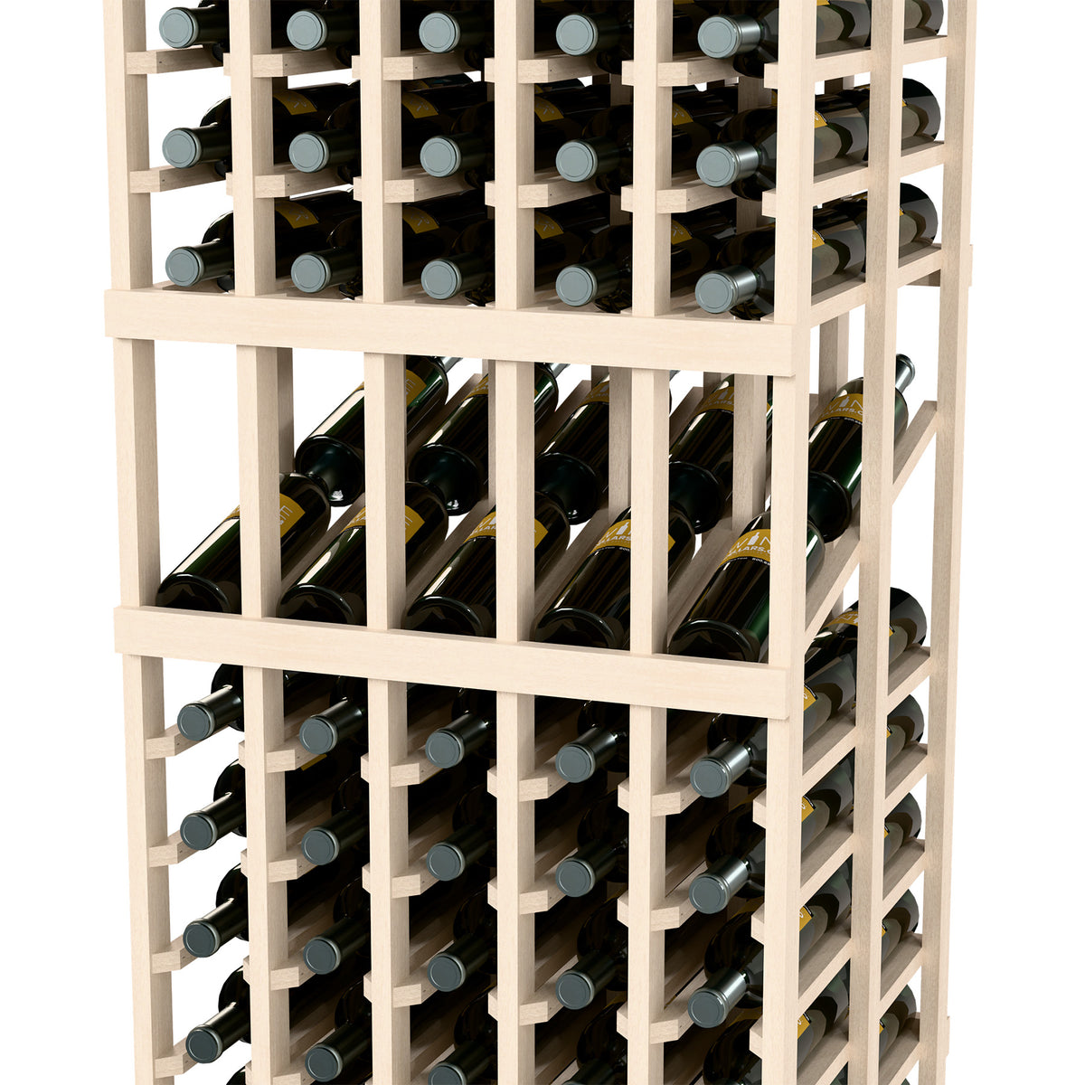 White wine rack with multiple bottle slots and rows of stored wine bottles