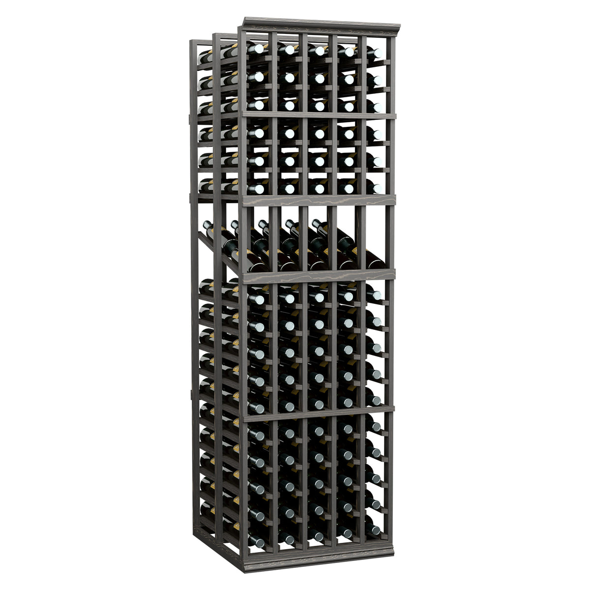 Black 5-column double-deep wine bottle display rack with metal grid shelving