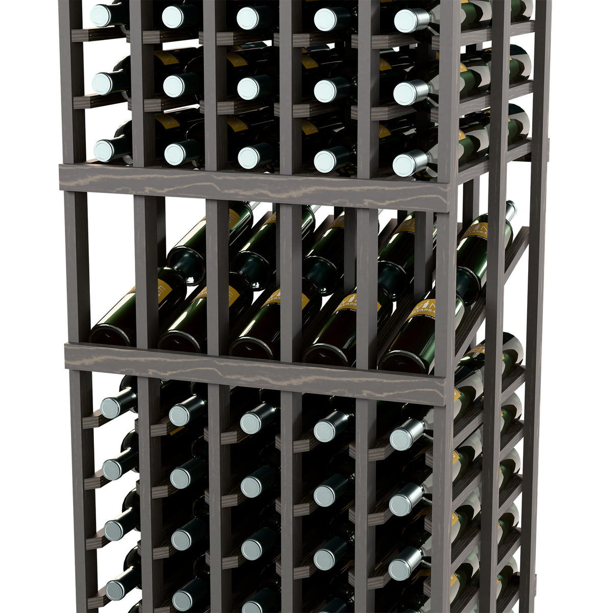 Grey wine bottle display rack with front row of bottles in grid compartments