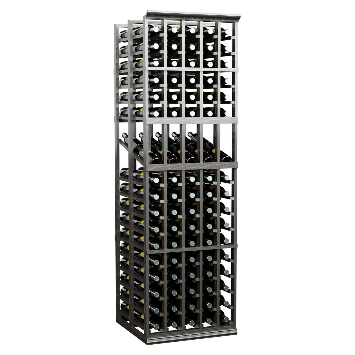 Black wine bottle display rack, 5-column double-deep, full-height with bottle slots
