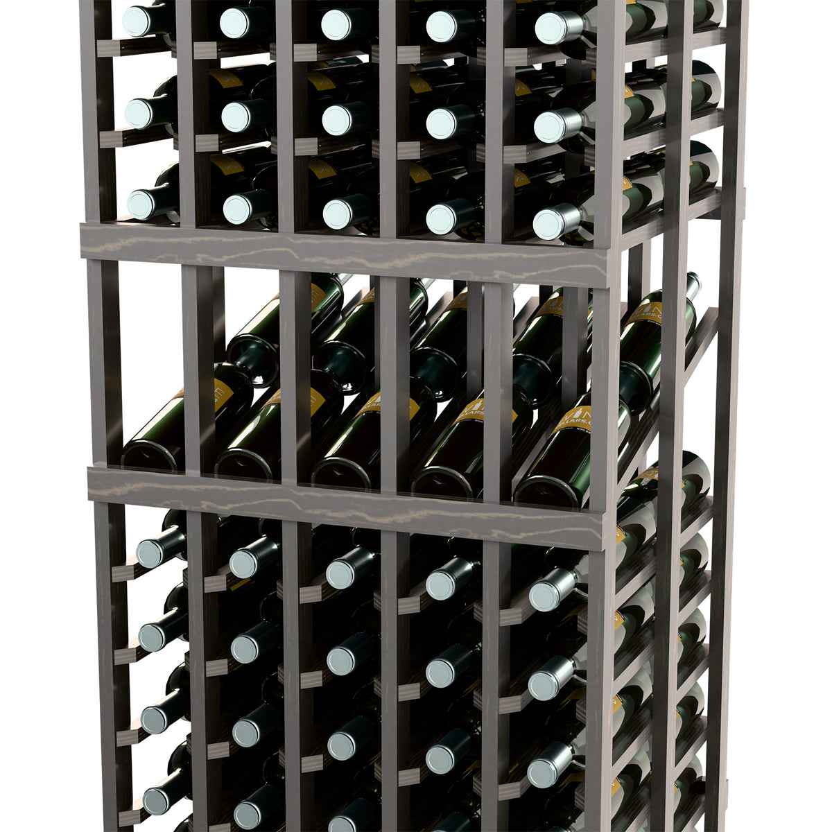 Grey wine bottle display rack close-up with bottles stored in front cubbies