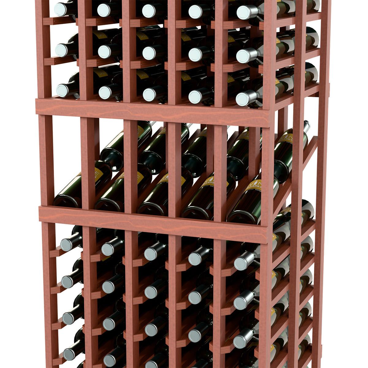 Brown wine bottle display rack close-up with bottles in front compartments