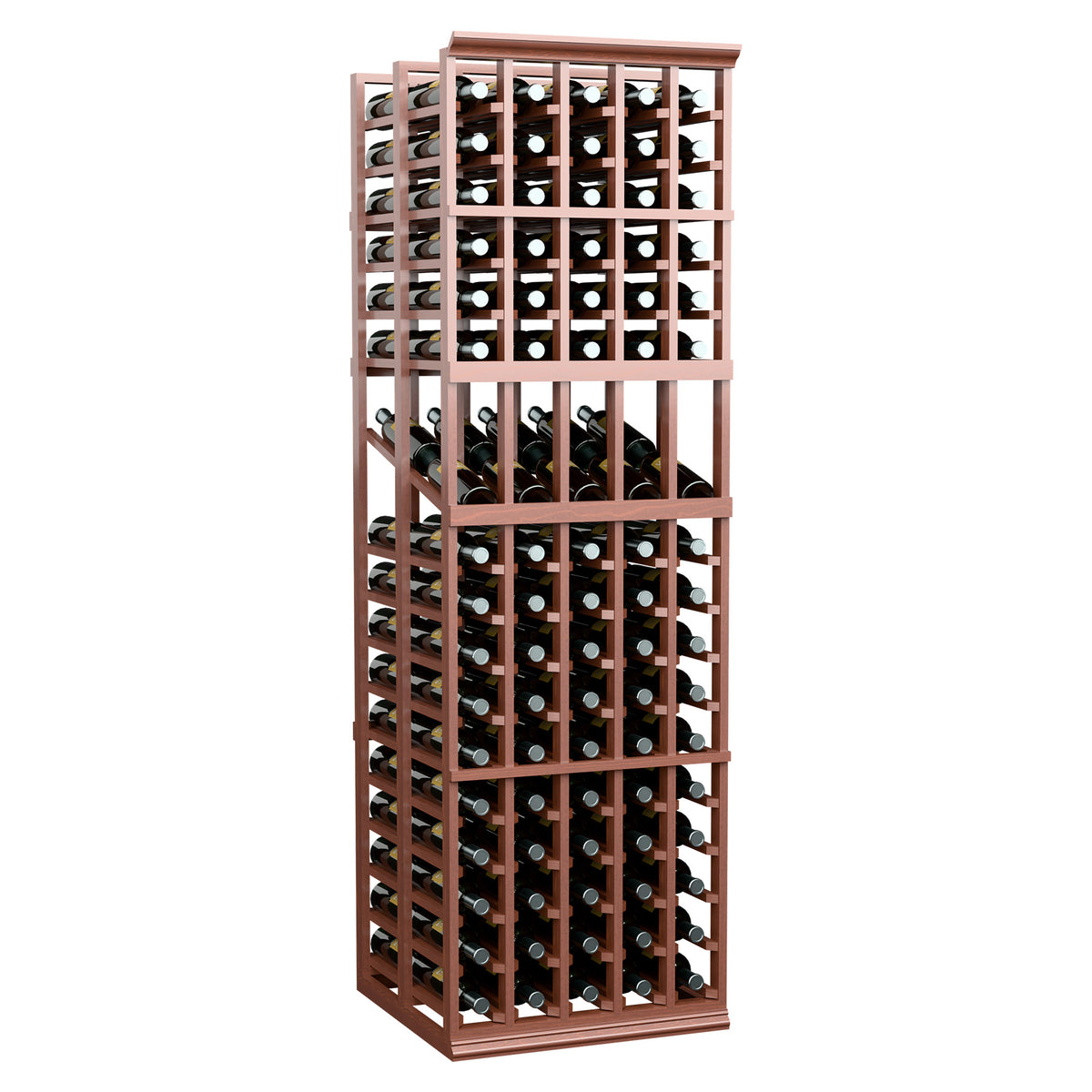 Brown wine bottle display rack full view with stacked bottle cubbies and grid frame