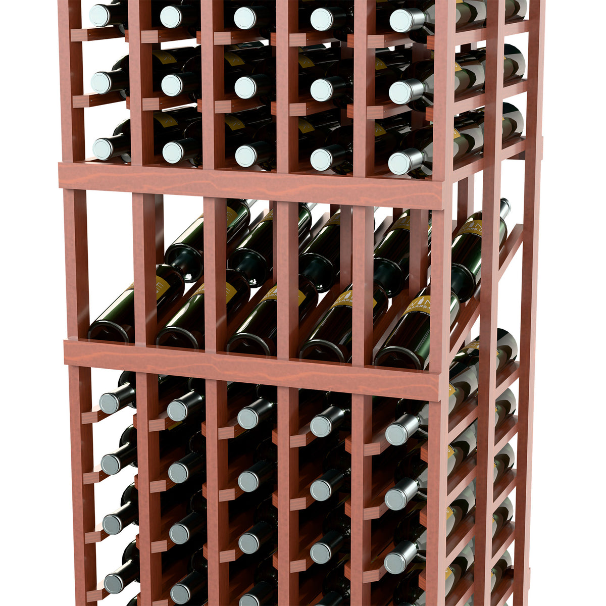 Brown wine bottle display rack close-up showing bottles and silver bottle caps