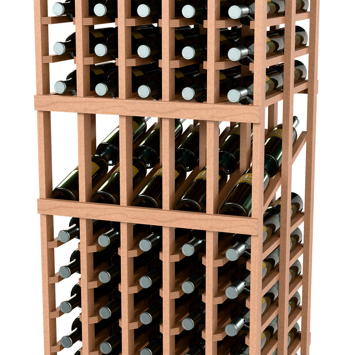 Light wood wine bottle display rack close-up with bottles in front and side rows