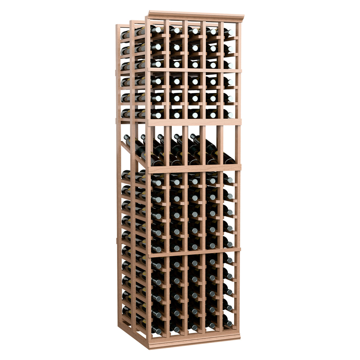Light wood wine display rack with 5 columns; double-deep grid holding bottles