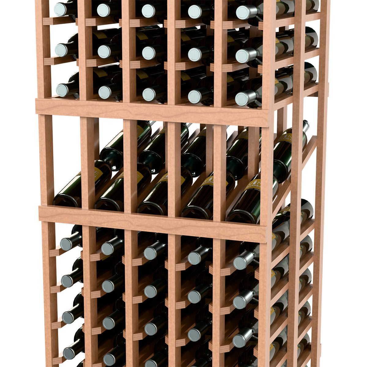 Close-up of light wood wine rack grid with double-deep rows of capped bottles