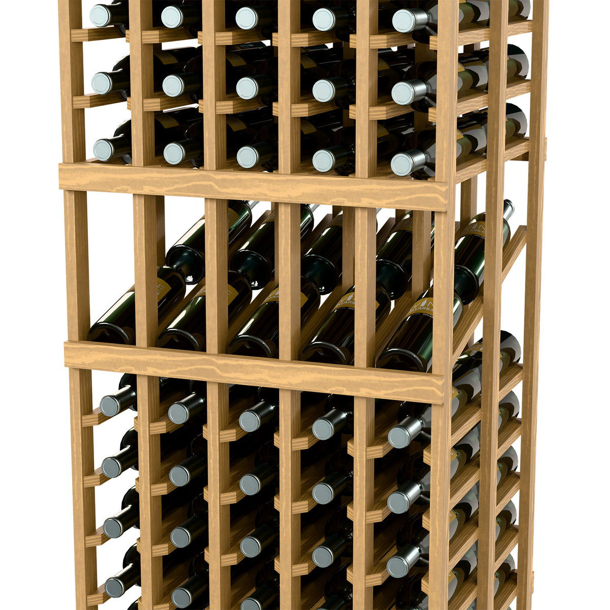 Front view of light wood wine rack showing double-deep bottle rows in lattice