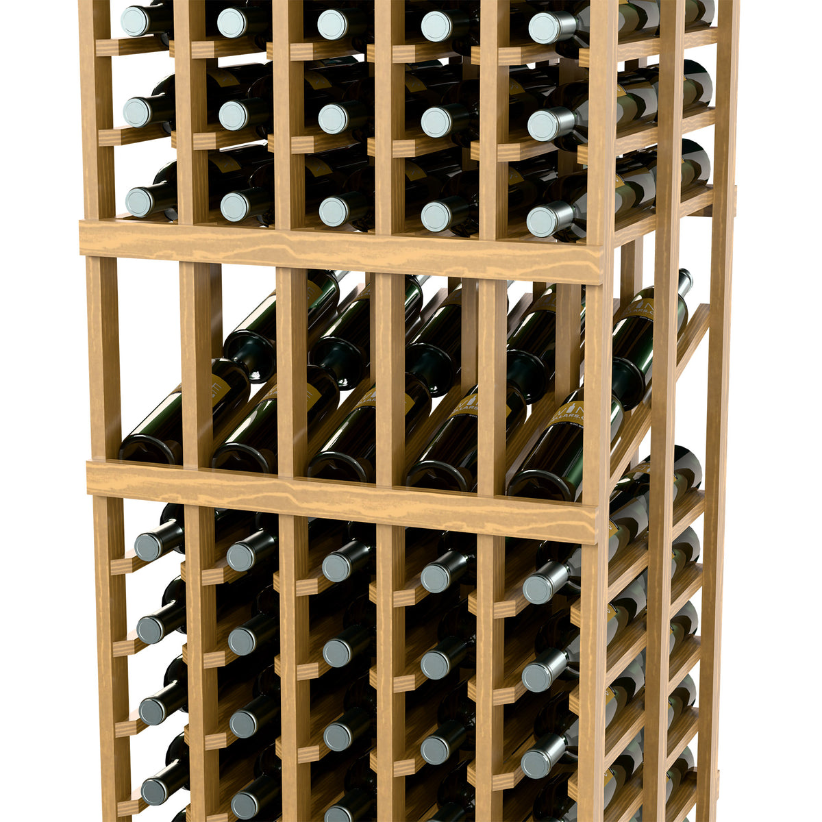 Angled close-up of light wood wine rack double-deep shelves with bottles and labels