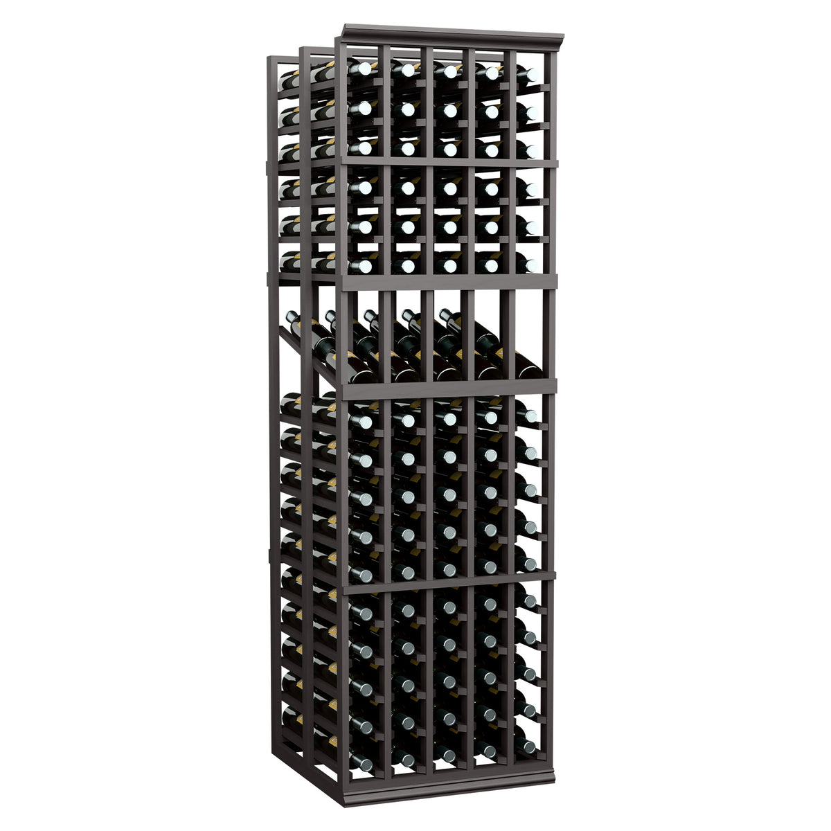 Dark wood wine display rack with 5 columns; double-deep lattice holding bottles