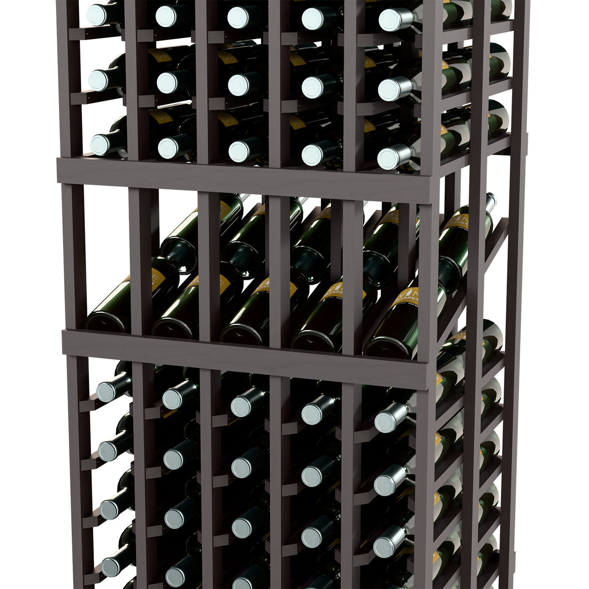 Close-up of dark wood wine rack grid with double-deep rows of capped bottles