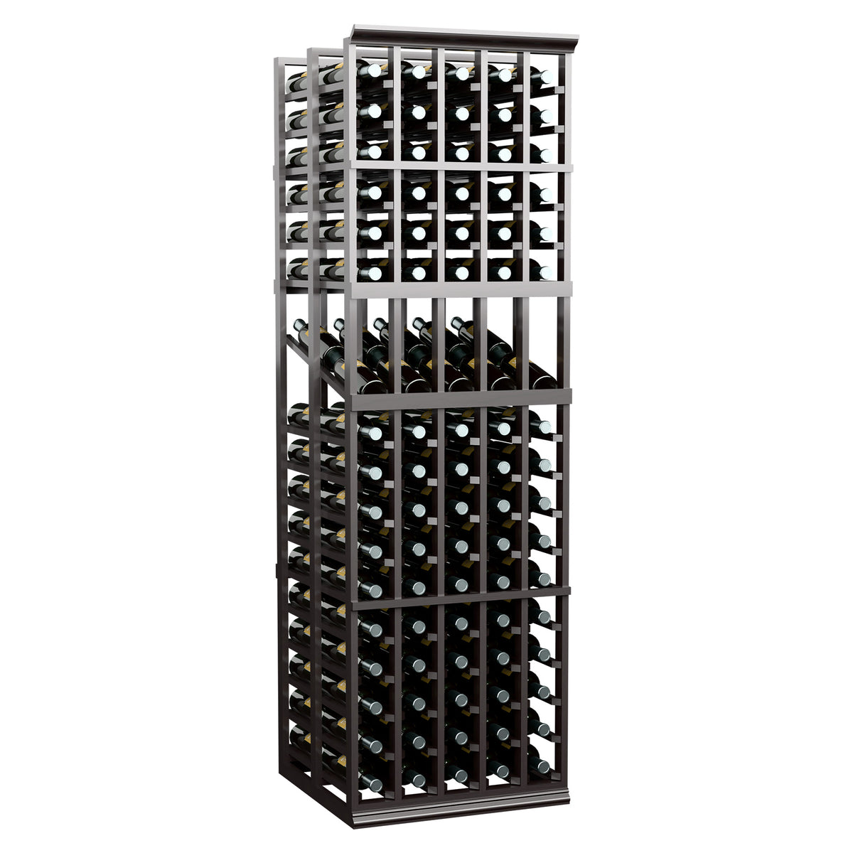 Dark wood 5-column double-deep wine display rack with open frame and bottles