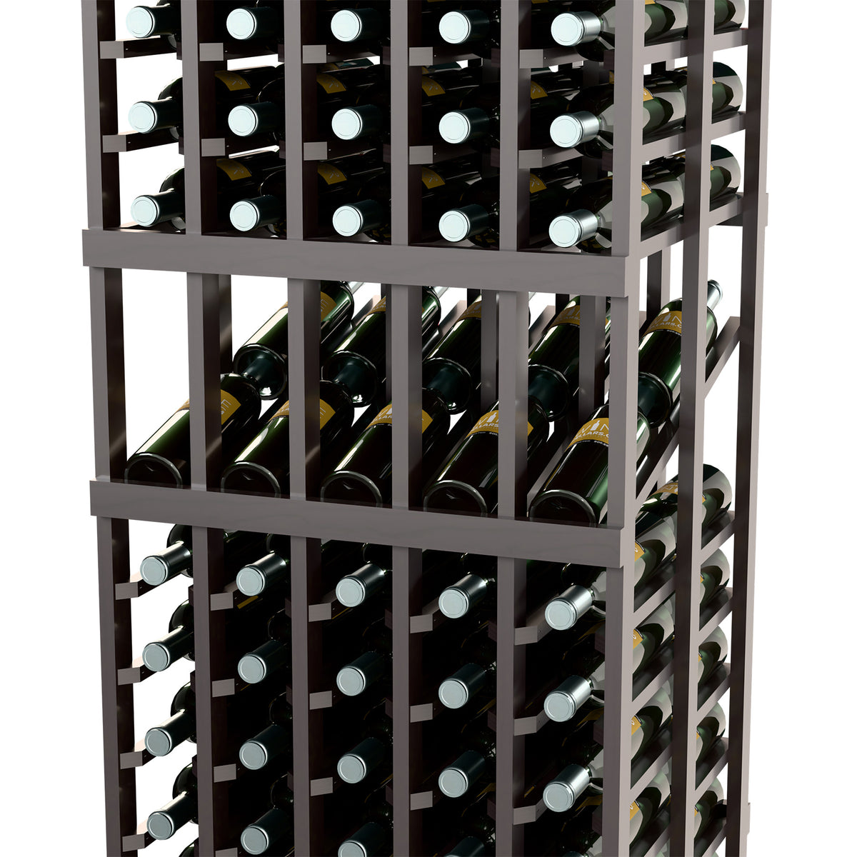 Front close-up of dark wood wine rack showing double-deep bottle rows in grid