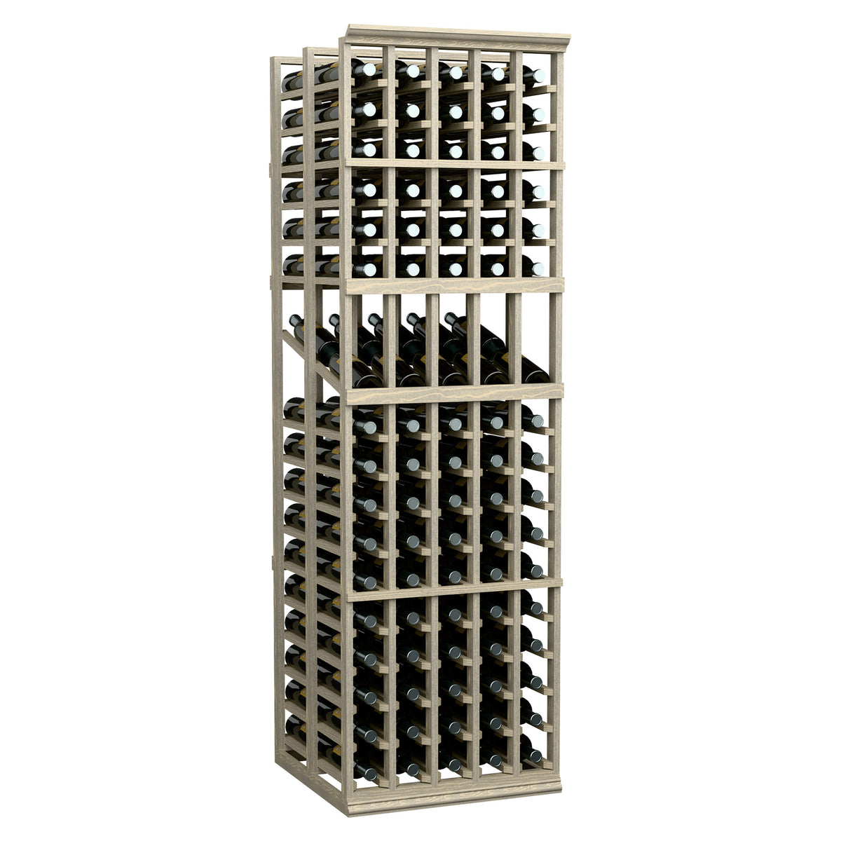 Wine bottle display rack with 5 columns and double-depth storage, light gray frame
