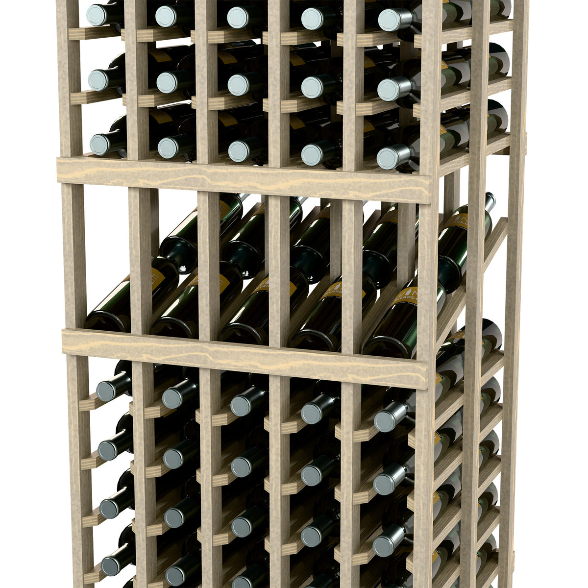 Wine bottle display rack, close-up of 5-column double-depth rows with light gray frame