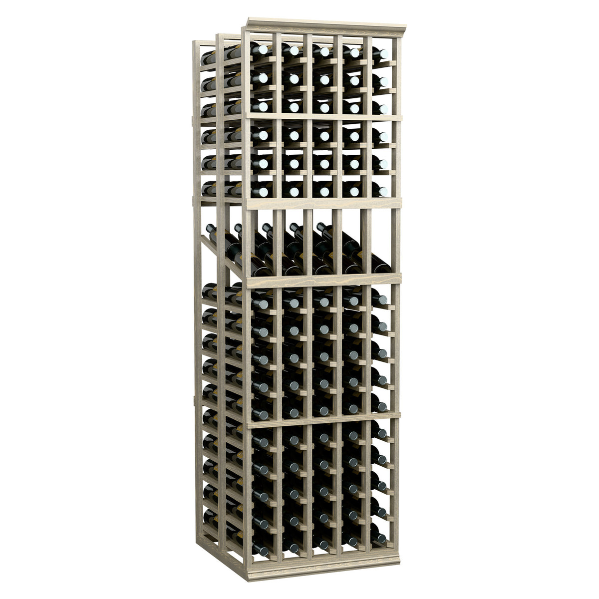 Wine bottle display rack with 5 columns and double-depth storage, light gray frame